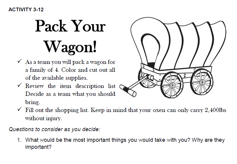 Oregon Trail: Pack Your Wagon Activity Frontier Army Museum March 2020 front page.